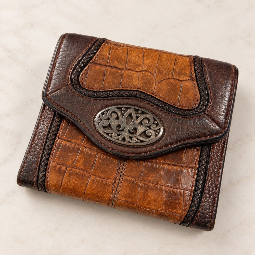 Brighton Womens Small Croc Embossed Leather Trifold Wallet Braided Western Boho